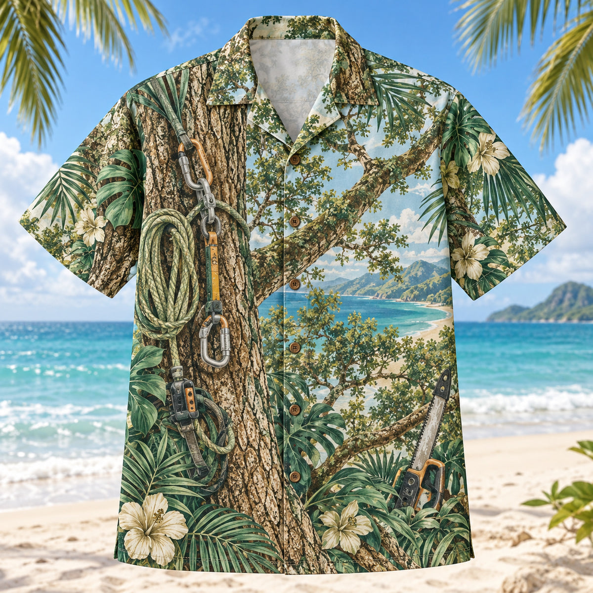 Front view of Bark Texture Arborist Hawaiian Shirt with original bark texture motifs, with tropical botanical accents; no text or branded equipment