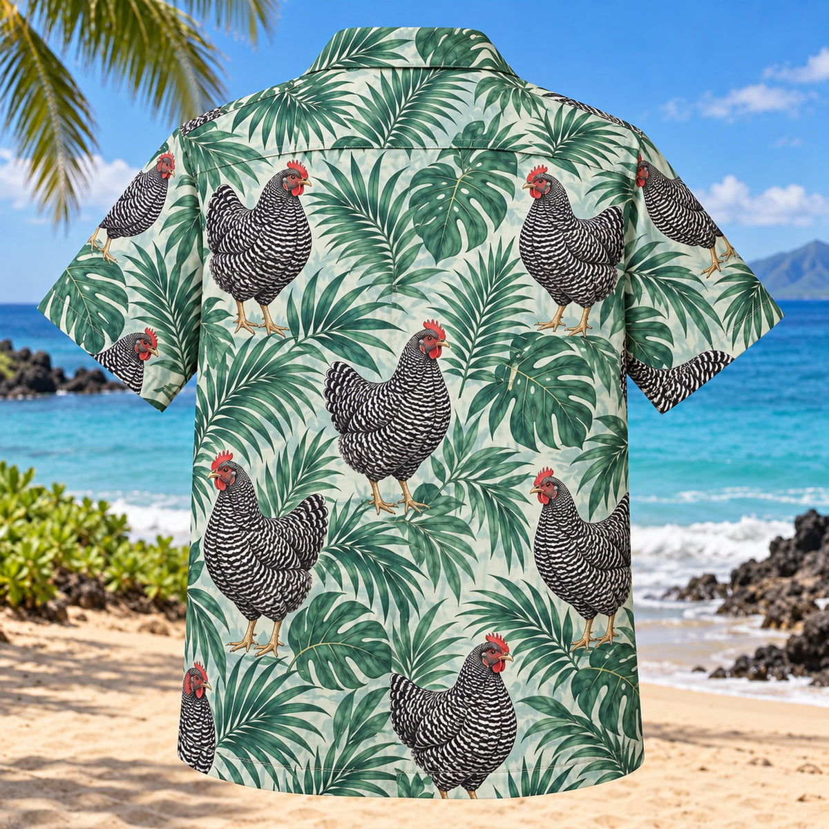 Back view of Barred Rock Palm Chicken Hawaiian Shirt with matching artwork in black, white, sea green