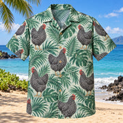 Front view of Barred Rock Palm Chicken Hawaiian Shirt with black and white barred Plymouth Rock hens among sea-green palms