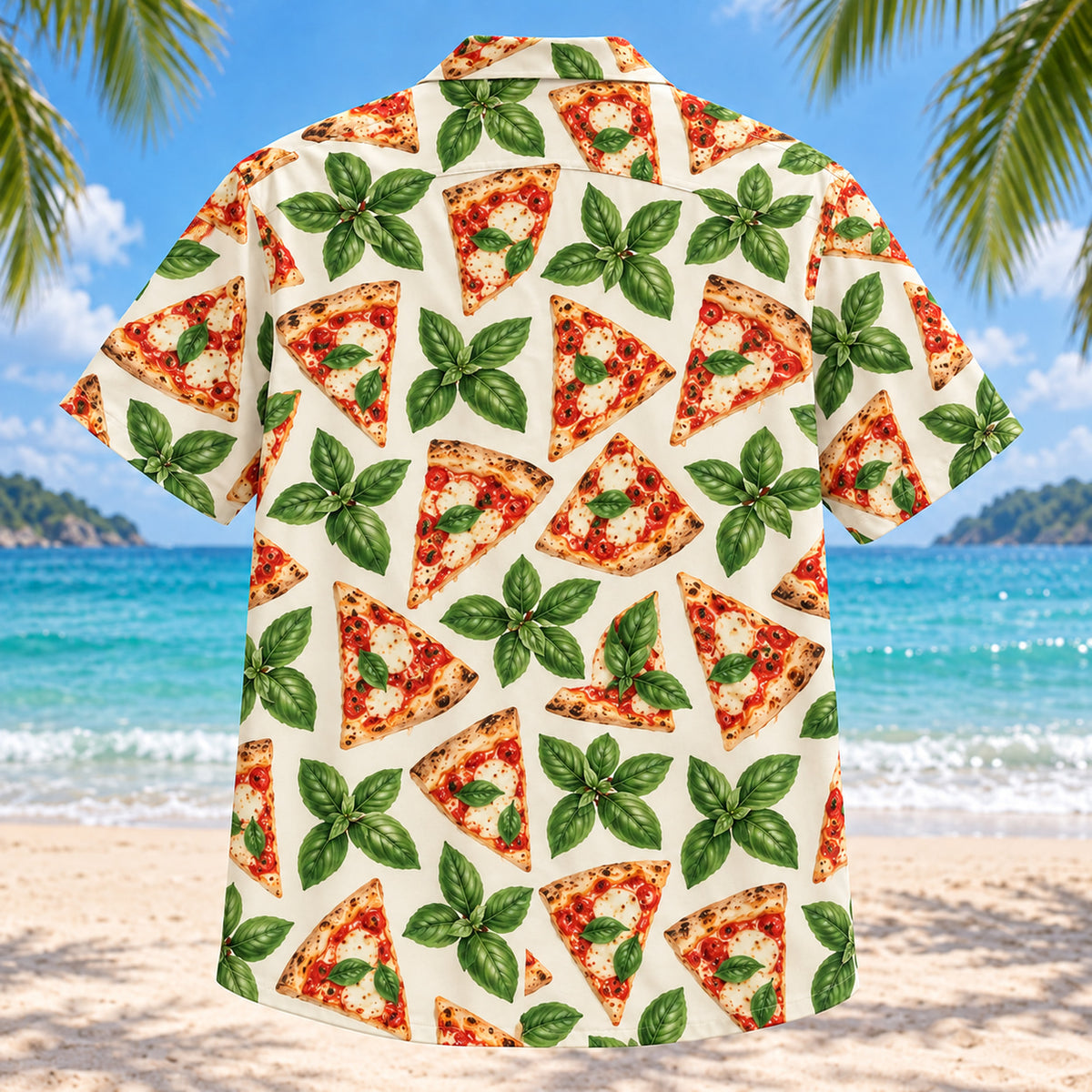 Back view of Basil Check Home Pizza Making Hawaiian Shirt with matching artwork in tomato red, basil green, cream