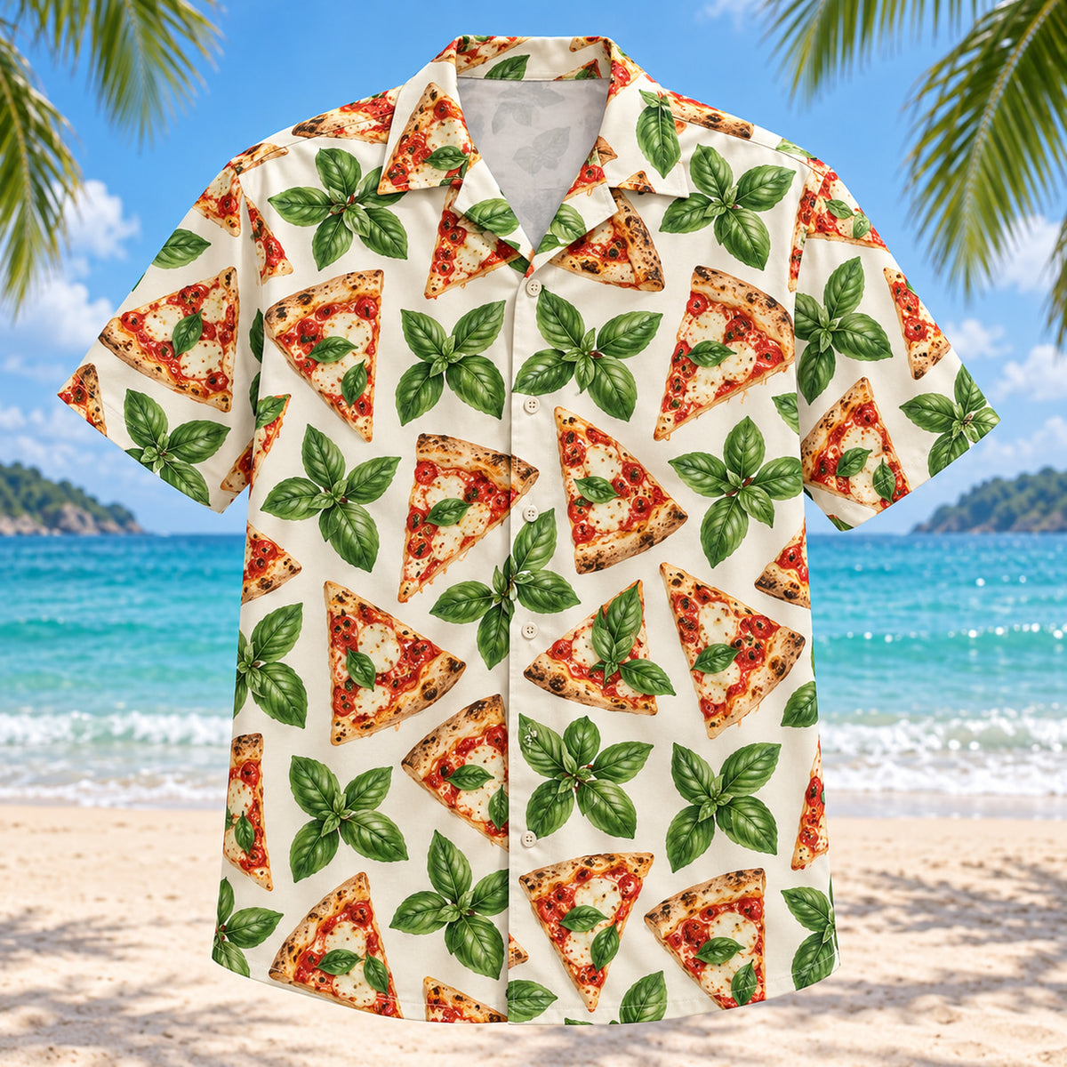 Front view of Basil Check Home Pizza Making Hawaiian Shirt with original, text-free illustrations of alternating pizza slices and basil clusters in a loose grid