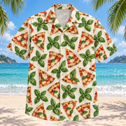 Front view of Basil Check Home Pizza Making Hawaiian Shirt with original, text-free illustrations of alternating pizza slices and basil clusters in a loose grid