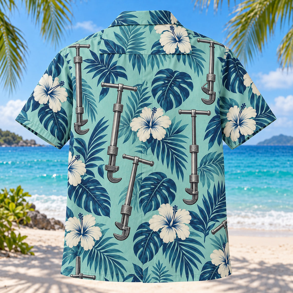 Back view of Basin Wrench Plumber Hawaiian Shirt with matching artwork in seafoam, navy, ivory