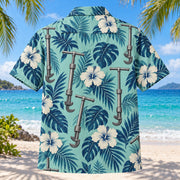 Back view of Basin Wrench Plumber Hawaiian Shirt with matching artwork in seafoam, navy, ivory