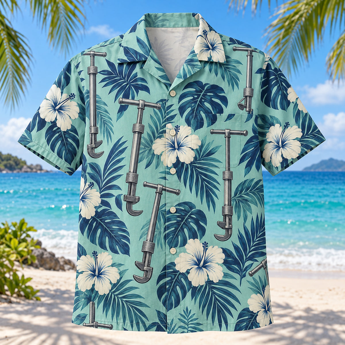 Front view of Basin Wrench Plumber Hawaiian Shirt with original basin wrench motifs, with tropical botanical accents; no text or branded equipment