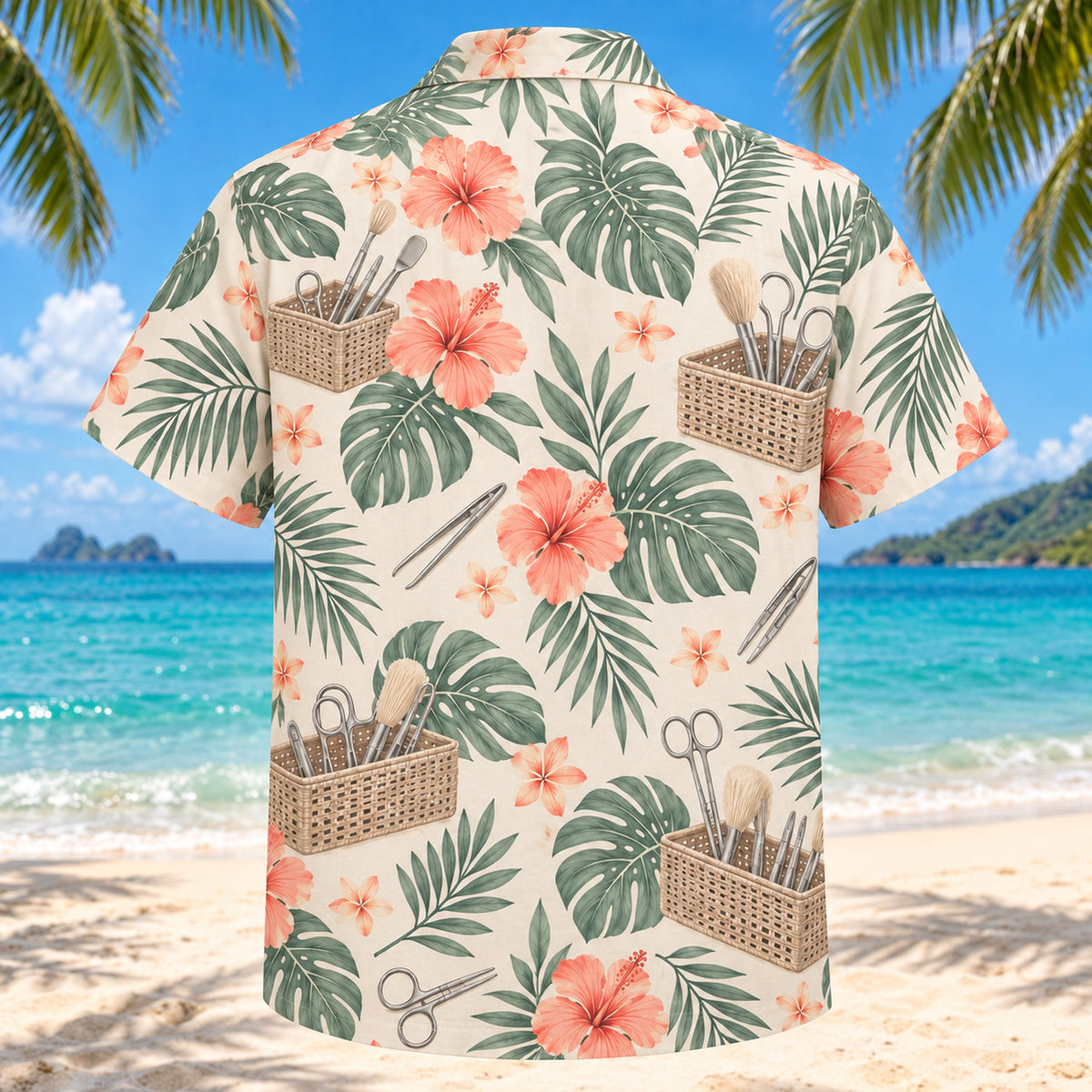 Back view of Basket Garden Coral Sage Sterile Processing Technician Hawaiian Shirt with matching artwork in soft coral, sage, cream