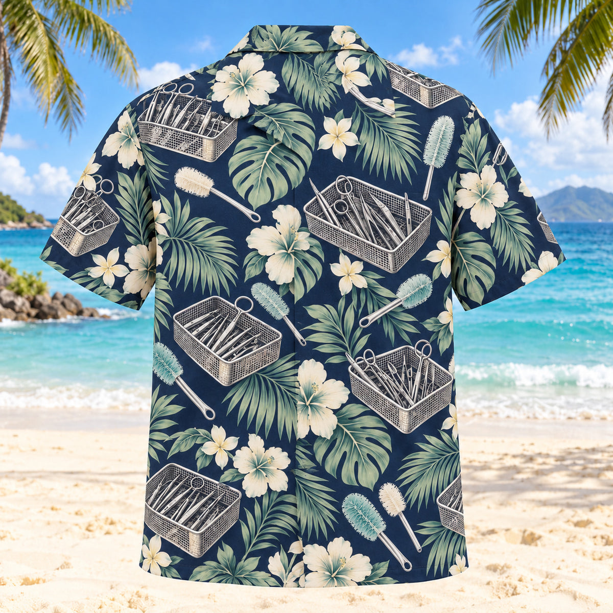 Back view of Basket Garden Navy Cream Sterile Processing Technician Hawaiian Shirt with matching artwork in navy, warm ivory, pale seafoam
