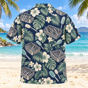 Back view of Basket Garden Navy Cream Sterile Processing Technician Hawaiian Shirt with matching artwork in navy, warm ivory, pale seafoam