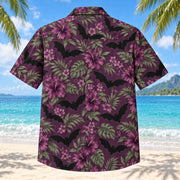 Back view of Bat Botanical Adult Halloween Hawaiian Shirt with matching artwork in plum, sage, ivory