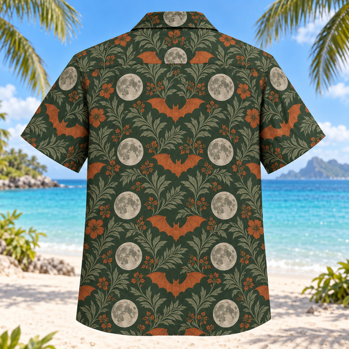 Back view of Bat Moon Grid Adult Halloween Hawaiian Shirt with matching artwork in forest green, rust, pale gray