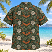 Back view of Bat Moon Grid Adult Halloween Hawaiian Shirt with matching artwork in forest green, rust, pale gray