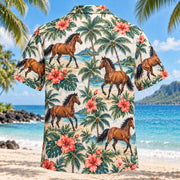 Back view of Bay Horse Hibiscus Horse Hawaiian Shirt with matching artwork in bay, coral, emerald