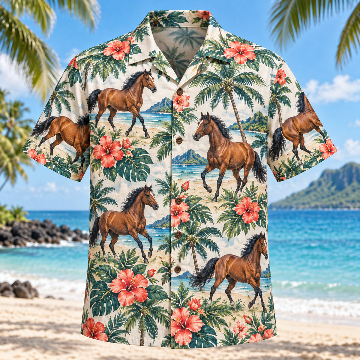 Front view of Bay Horse Hibiscus Horse Hawaiian Shirt with bay horses trotting among coral hibiscus and emerald palms