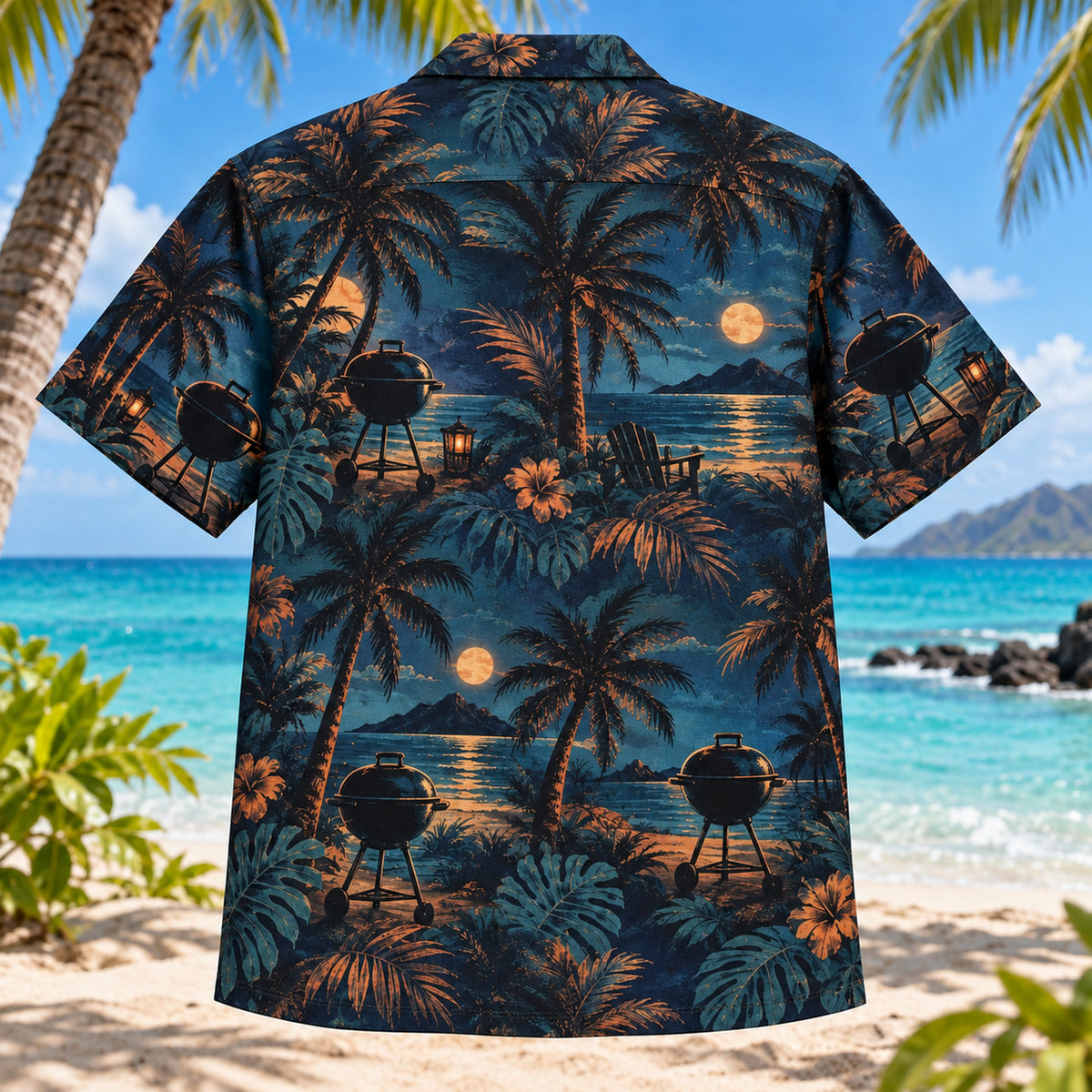 Back view of BBQ Night BBQ Hawaiian Shirt with matching artwork in midnight, copper, teal