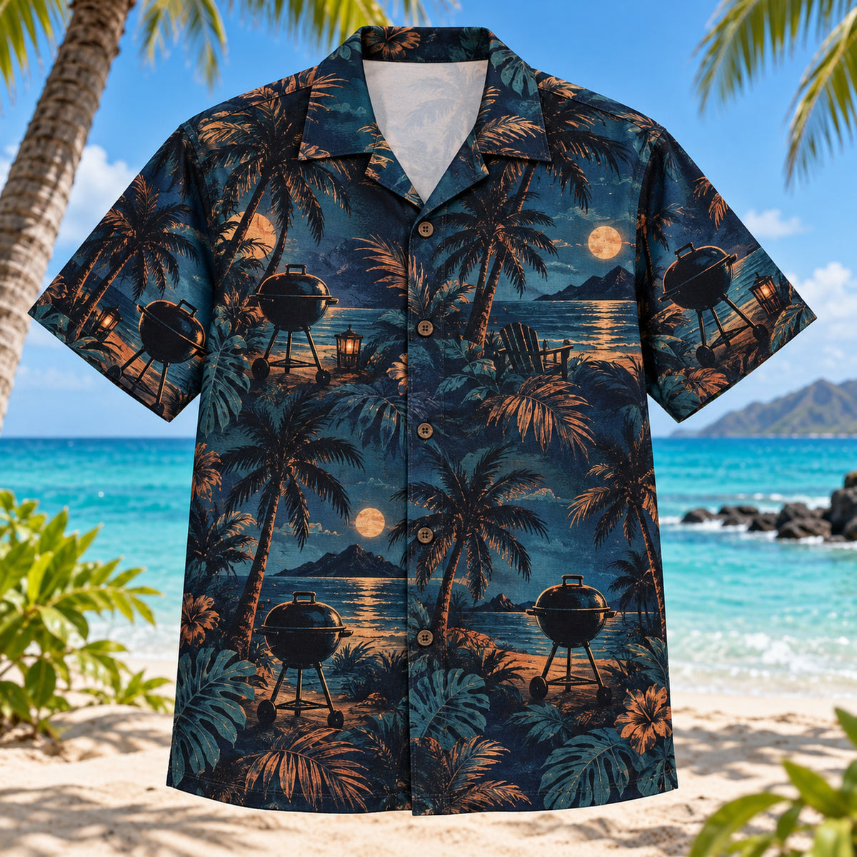Front view of BBQ Night BBQ Hawaiian Shirt with generic charcoal grill silhouettes among moonlit palms