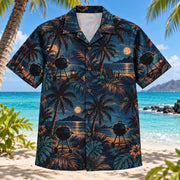 Front view of BBQ Night BBQ Hawaiian Shirt with generic charcoal grill silhouettes among moonlit palms