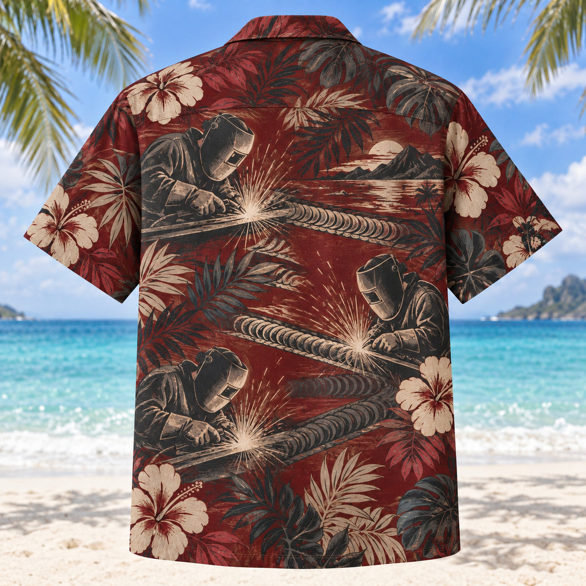 Back view of Bead Rhythm Welder Hawaiian Shirt with matching artwork in burgundy, beige, charcoal