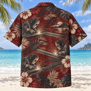 Back view of Bead Rhythm Welder Hawaiian Shirt with matching artwork in burgundy, beige, charcoal