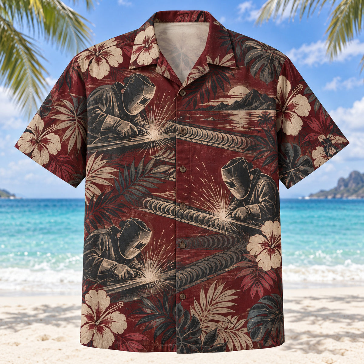 Front view of Bead Rhythm Welder Hawaiian Shirt with original bead rhythm motifs, with tropical botanical accents; no text or branded equipment