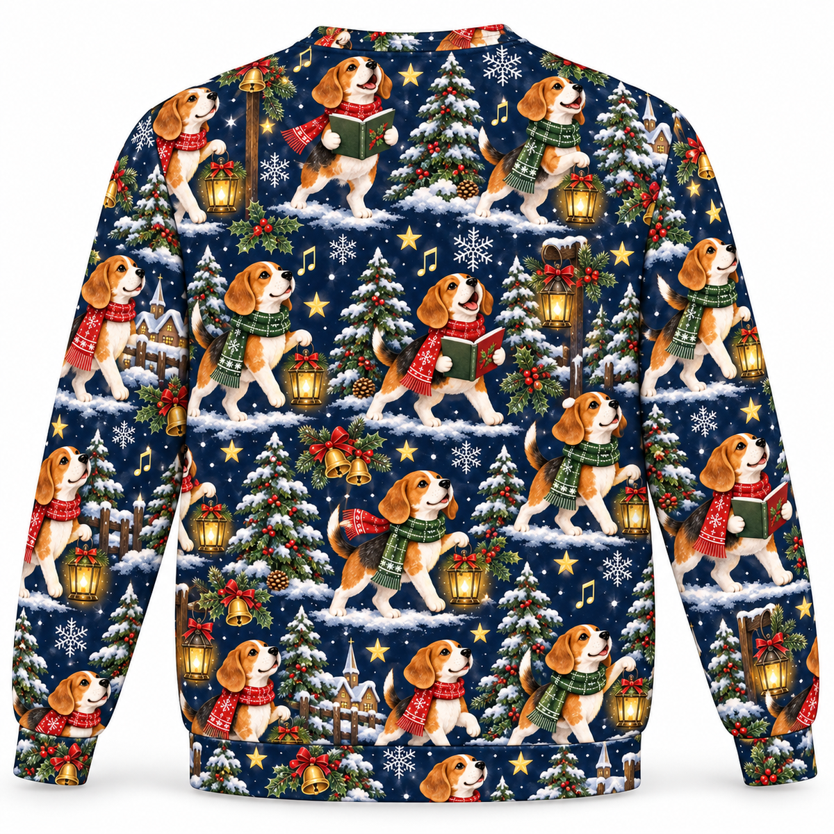 Beagle Caroling Lantern Walk all-over print Ugly Sweater back view