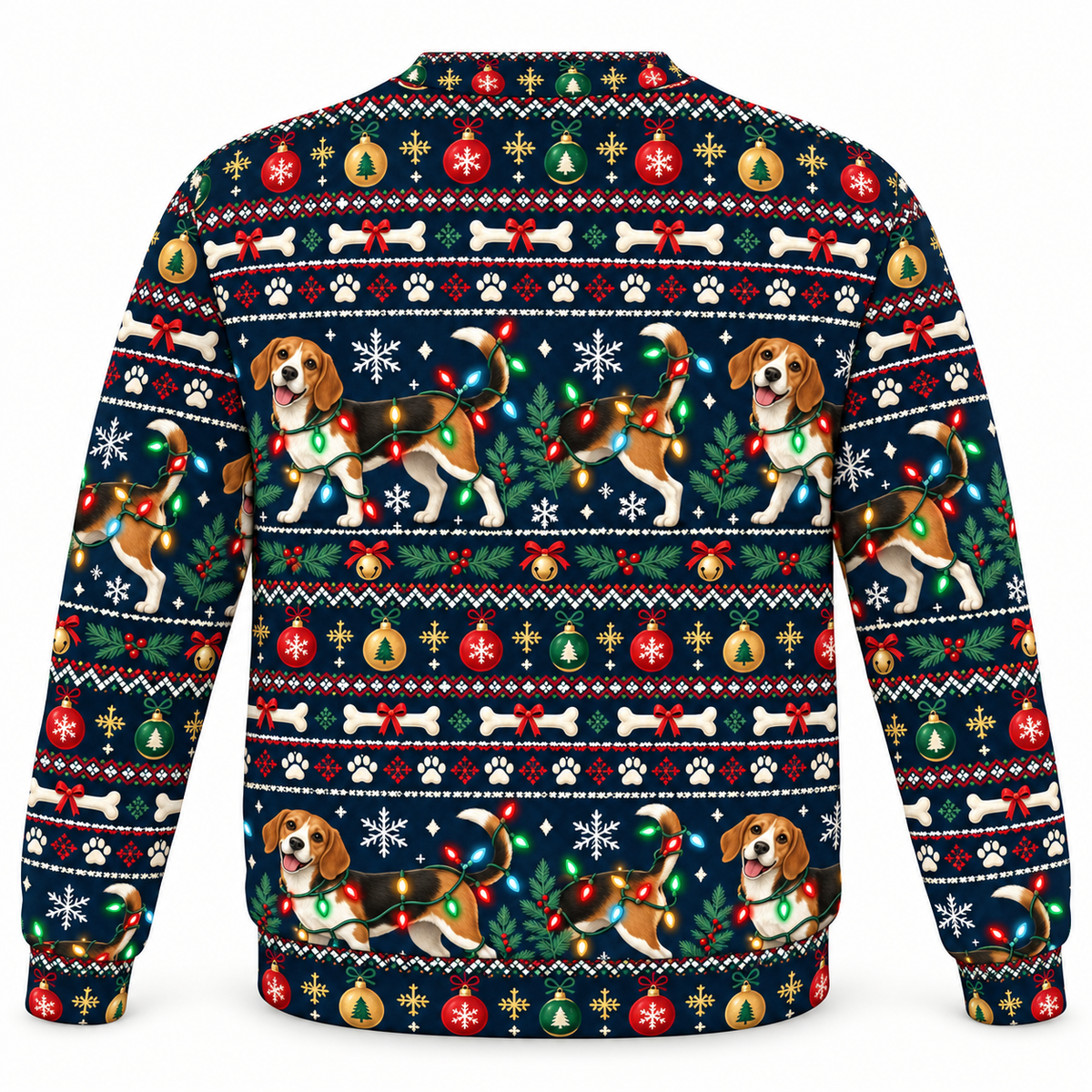 Beagle Holiday Light Mischief all-over print Ugly Sweater back view