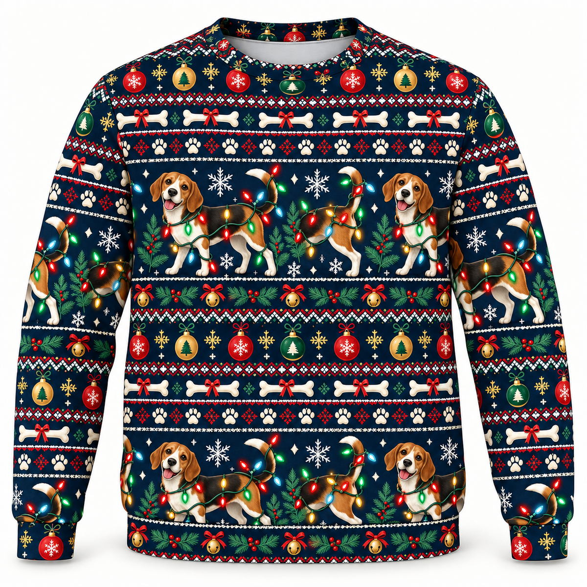 Beagle Holiday Light Mischief all-over print Ugly Sweater front view