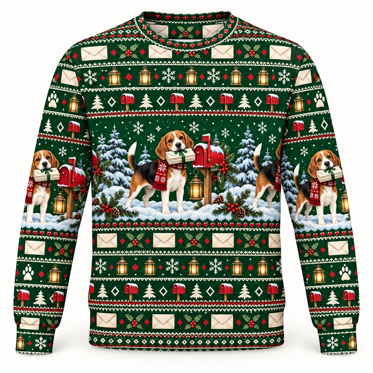 Beagle North Pole Mail Helper all-over print Ugly Sweater front view