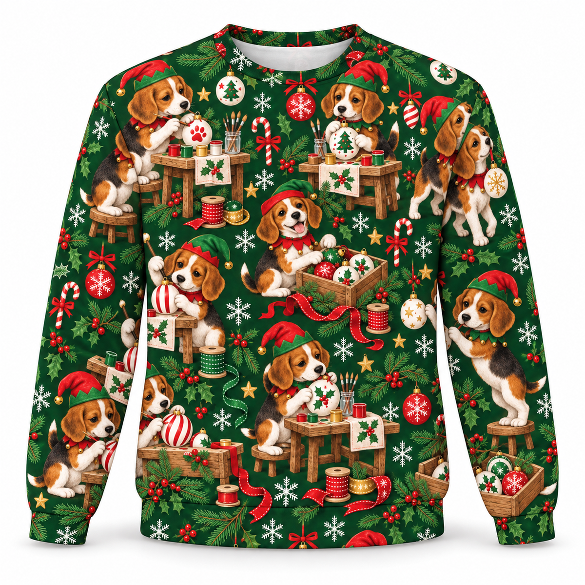 Beagle Ornament Workshop all-over print Ugly Sweater front view