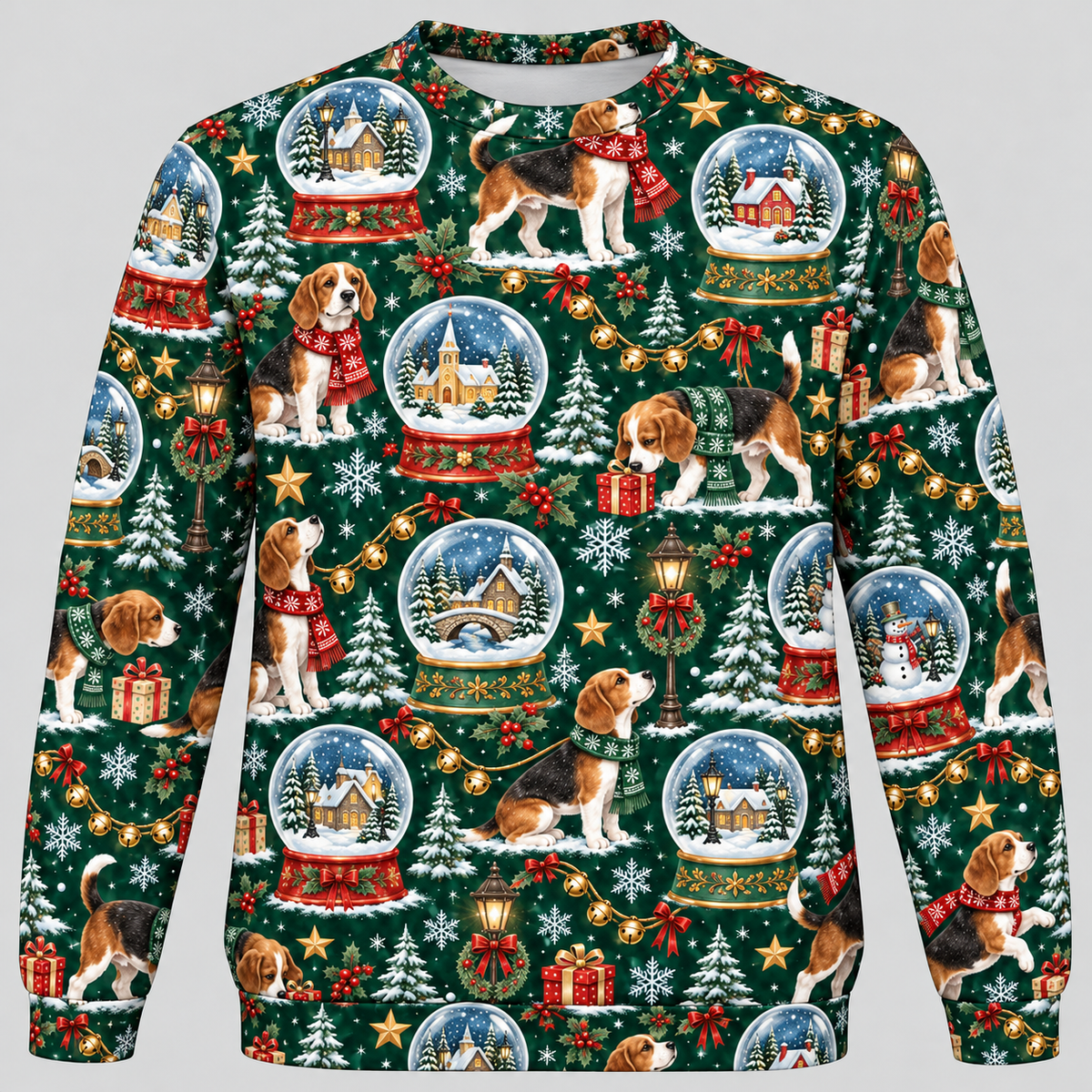 Beagle Snow Globe Village all-over print Ugly Sweater front view