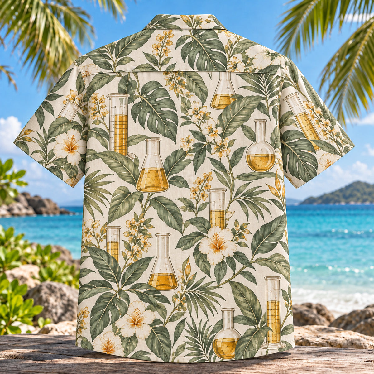 Back view of Beaker Botanical Chemistry Hawaiian Shirt with matching artwork in sage, ivory, amber