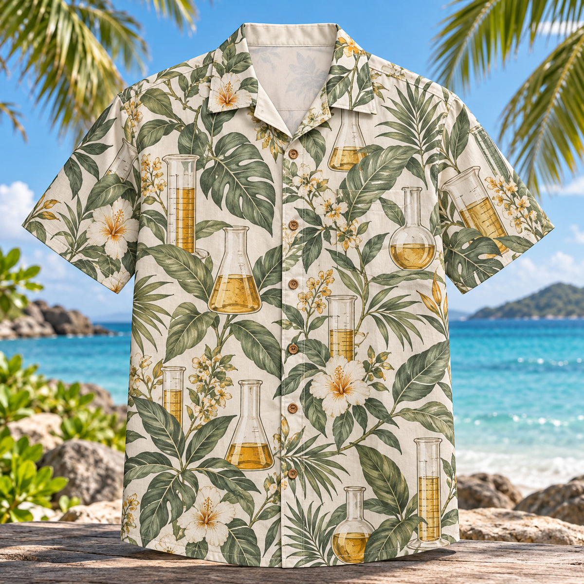 Front view of Beaker Botanical Chemistry Hawaiian Shirt with graduated beakers among botanical leaves