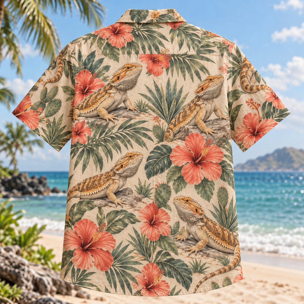Back view of Bearded Dragon Hibiscus Reptile Hawaiian Shirt with matching artwork in sand, coral, sage