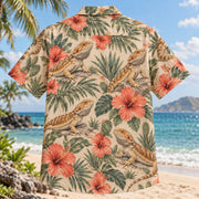 Back view of Bearded Dragon Hibiscus Reptile Hawaiian Shirt with matching artwork in sand, coral, sage