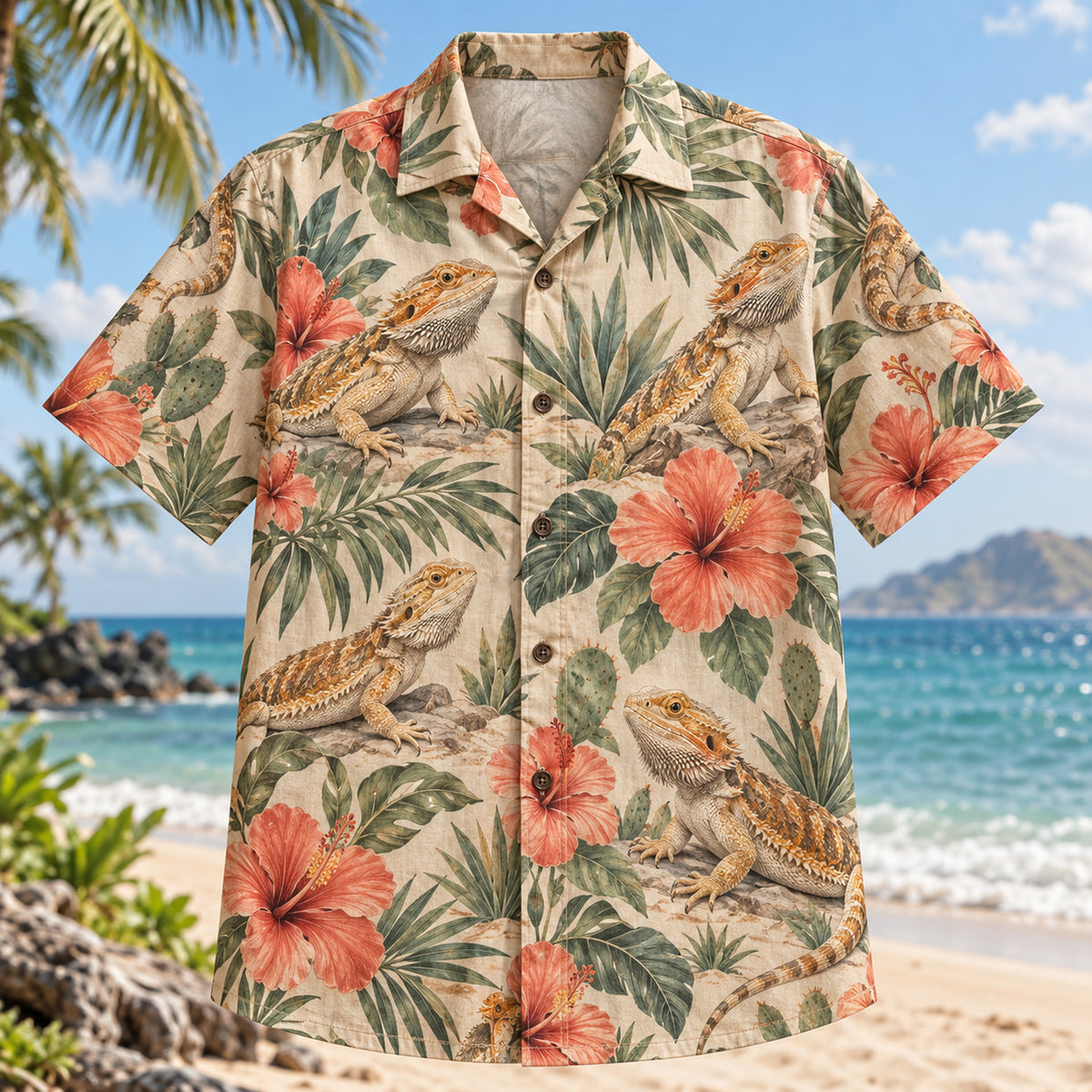 Front view of Bearded Dragon Hibiscus Reptile Hawaiian Shirt with bearded dragons among hibiscus and desert leaves