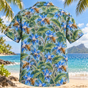 Back view of Bee Blue Borage Beekeeper Hawaiian Shirt with matching artwork in blue, gold, emerald