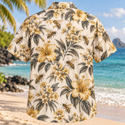 Back view of Bee Botanical Sketch Beekeeper Hawaiian Shirt with matching artwork in ivory, charcoal, gold