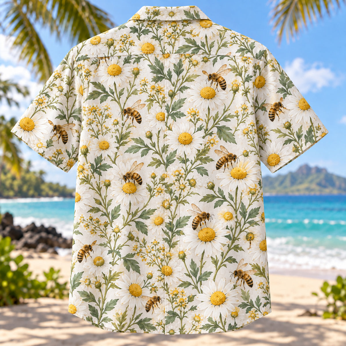 Back view of Bee Chamomile Beekeeper Hawaiian Shirt with matching artwork in white, yellow, sage