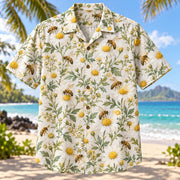 Front view of Bee Chamomile Beekeeper Hawaiian Shirt with honeybees among chamomile flowers