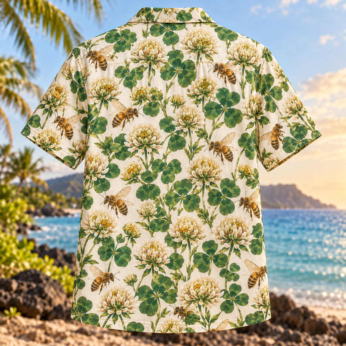 Back view of Bee Clover Beekeeper Hawaiian Shirt with matching artwork in cream, gold, emerald