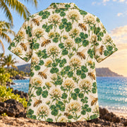 Back view of Bee Clover Beekeeper Hawaiian Shirt with matching artwork in cream, gold, emerald
