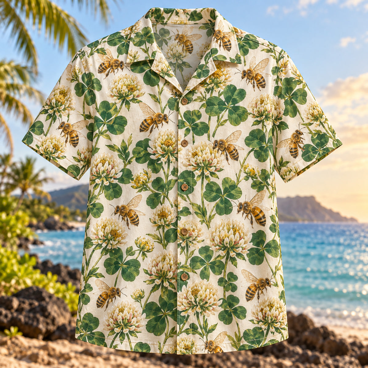 Front view of Bee Clover Beekeeper Hawaiian Shirt with honeybees among clover flowers