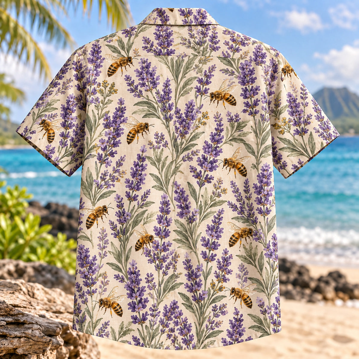 Back view of Bee Lavender Beekeeper Hawaiian Shirt with matching artwork in purple, gold, sage