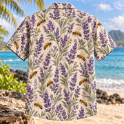 Back view of Bee Lavender Beekeeper Hawaiian Shirt with matching artwork in purple, gold, sage