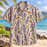 Front view of Bee Lavender Beekeeper Hawaiian Shirt with honeybees among lavender stems