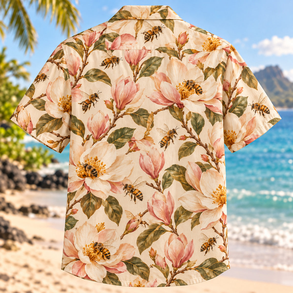 Back view of Bee Magnolia Beekeeper Hawaiian Shirt with matching artwork in cream, blush, amber
