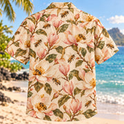 Back view of Bee Magnolia Beekeeper Hawaiian Shirt with matching artwork in cream, blush, amber