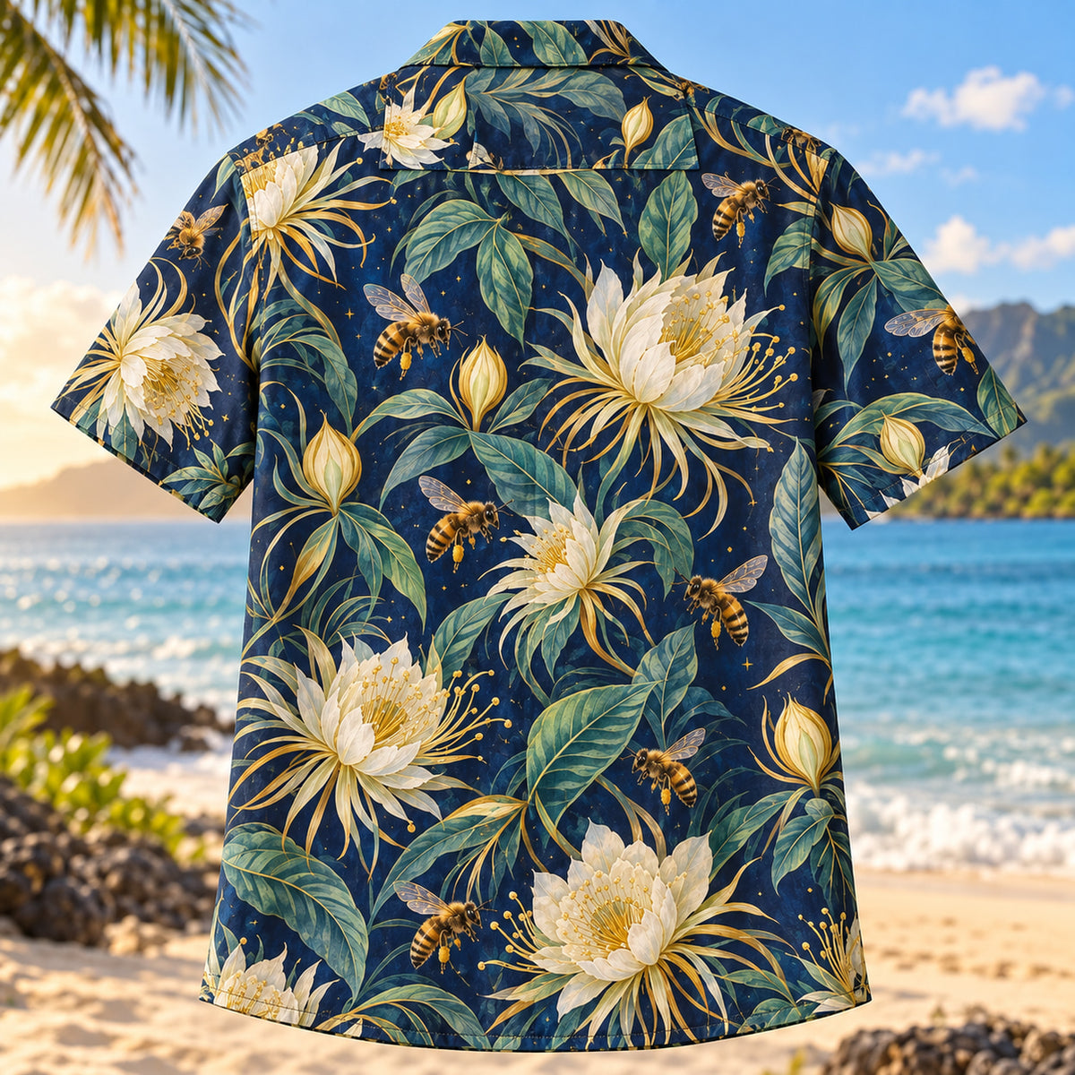 Back view of Bee Night Garden Beekeeper Hawaiian Shirt with matching artwork in indigo, gold, mint