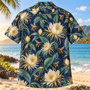 Back view of Bee Night Garden Beekeeper Hawaiian Shirt with matching artwork in indigo, gold, mint