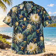 Front view of Bee Night Garden Beekeeper Hawaiian Shirt with honeybees and night blooming flowers
