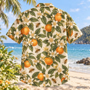 Back view of Bee Orange Blossom Beekeeper Hawaiian Shirt with matching artwork in orange, cream, olive